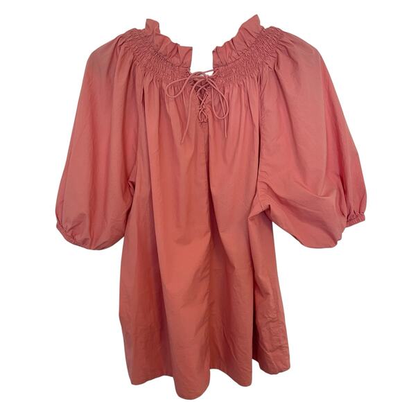 J.Crew Smocked Neck Puff Sleeve Lace Up Back Poplin Top Pink Womens Size Large - Picture 5 of 11